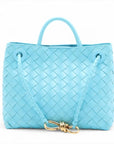 Pre-Loved Andiamo Handbag Intrecciato Leather Small with Gold Hardware, Light Blue
