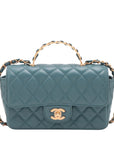 Pre-Loved Mini Flap Bag with Top Handle Handbag Quilted Leather Mini with Gold Hardware, Teal Blue