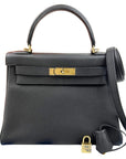 Pre-Loved Kelly Handbag Black Leather with Gold Hardware 28, Black
