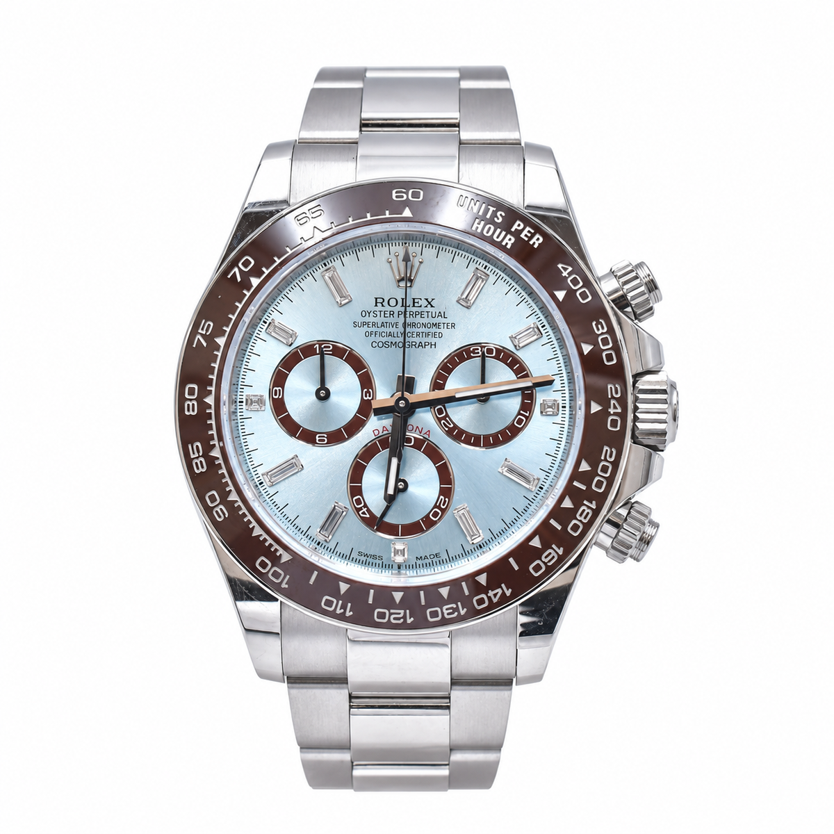 Pre-Loved Cosmograph Daytona 40 Platinum 126506, Ice blue, chestnut brown counter rings set with diamonds Dial