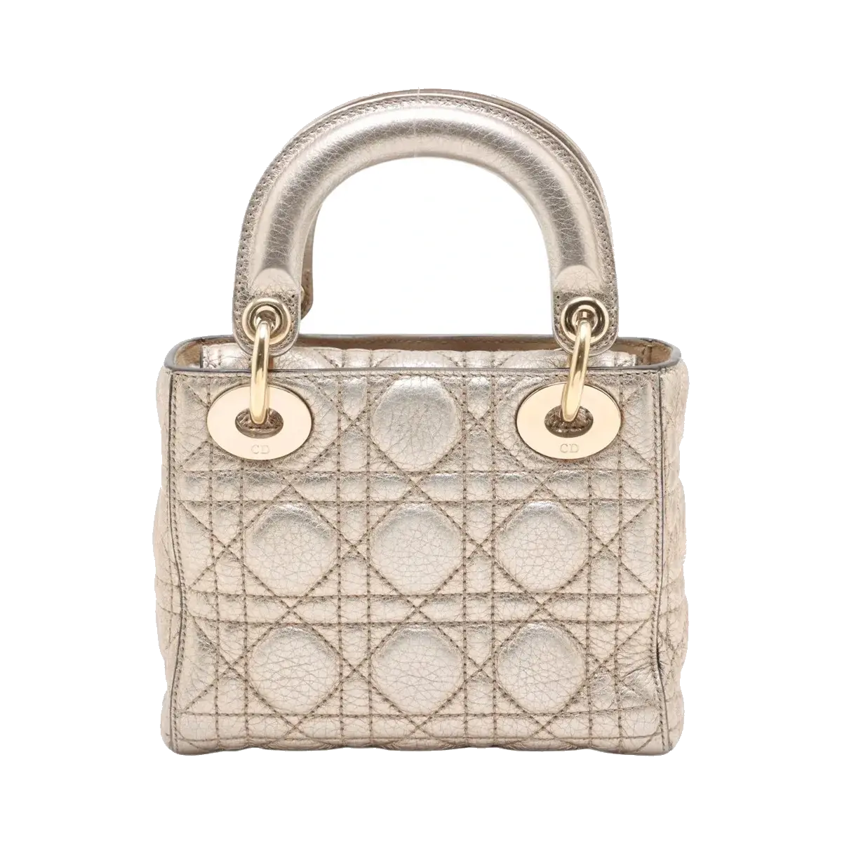 Pre-Loved Lady Dior Handbag Cannage Leather Mini with Gold Hardware, Metallic Champagne Gold