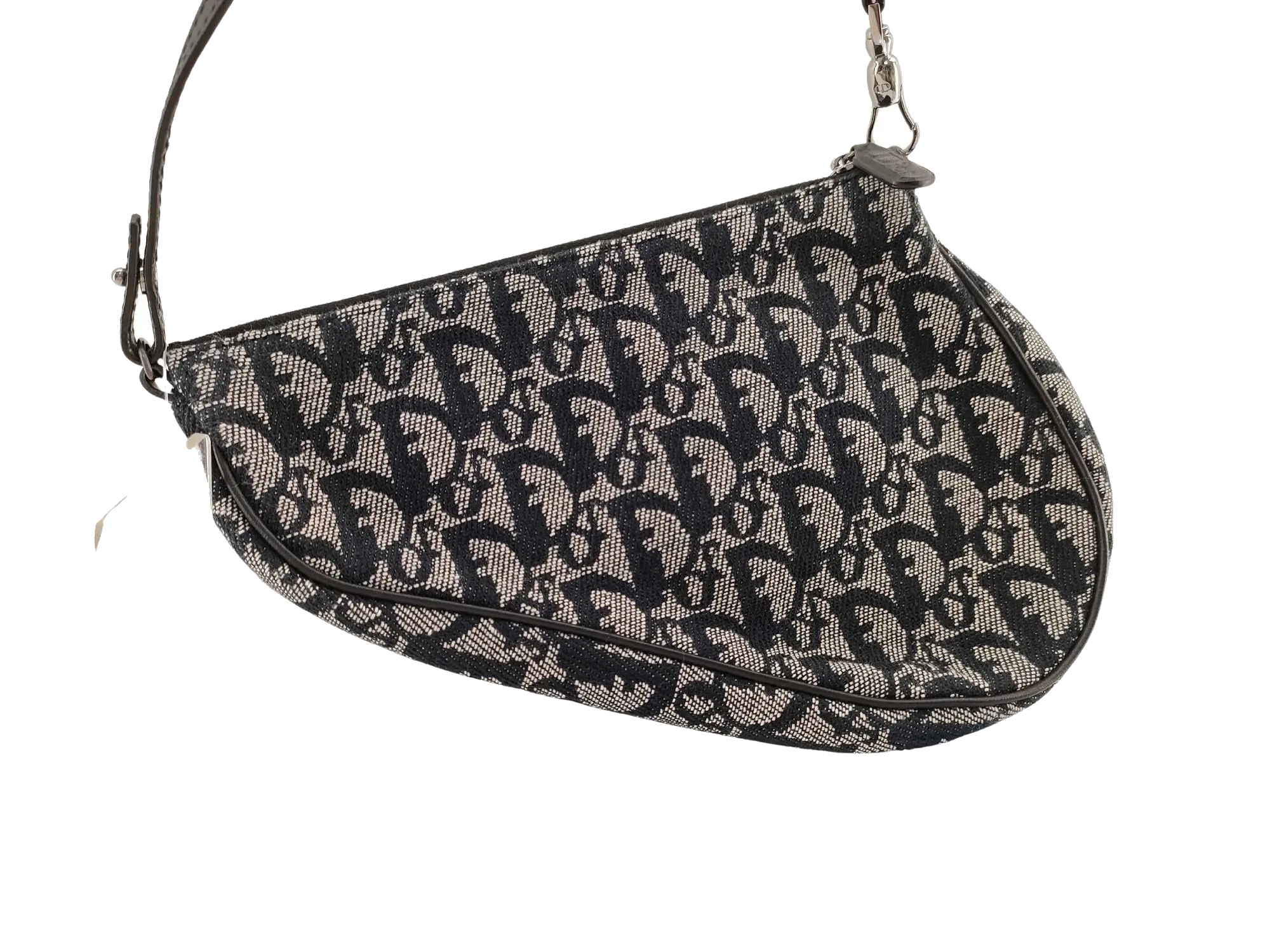 Pre-Loved Saddle Pochette Oblique Canvas Mini with Silver Hardware, Navy and Grey