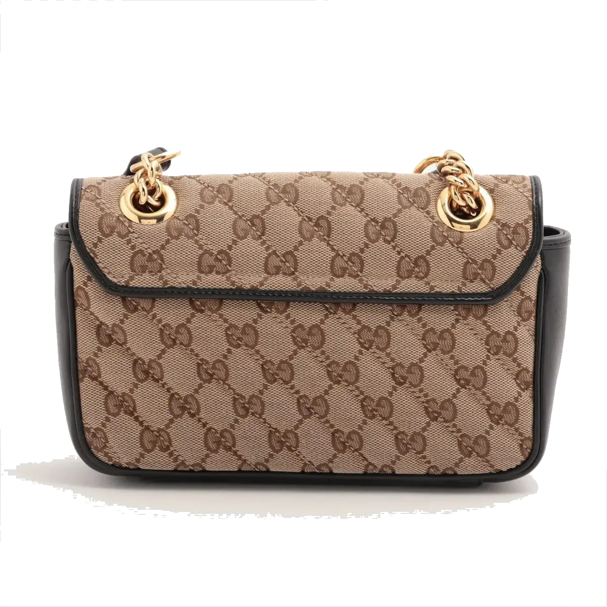 Pre-Loved GG Marmont Shoulder Bag Monogram Coated Canvas Mini with Gold Hardware, Beige / Ebony with Black Leather Trim