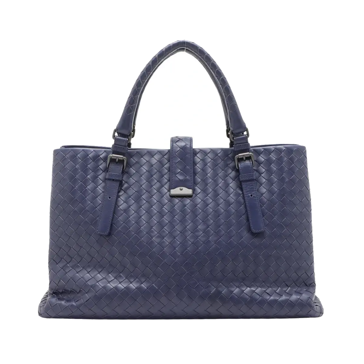 Pre-Loved Roma Tote Intrecciato Leather Medium with Gunmetal Hardware, Navy Blue