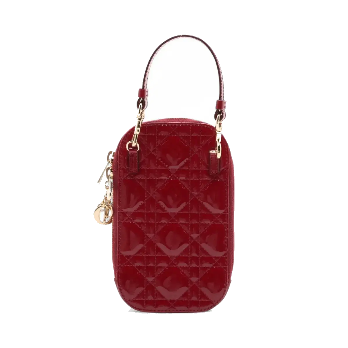 Pre-Loved Lady Dior Phone Holder Crossbody Bag Cannage Patent Leather Mini with Gold Hardware, Red