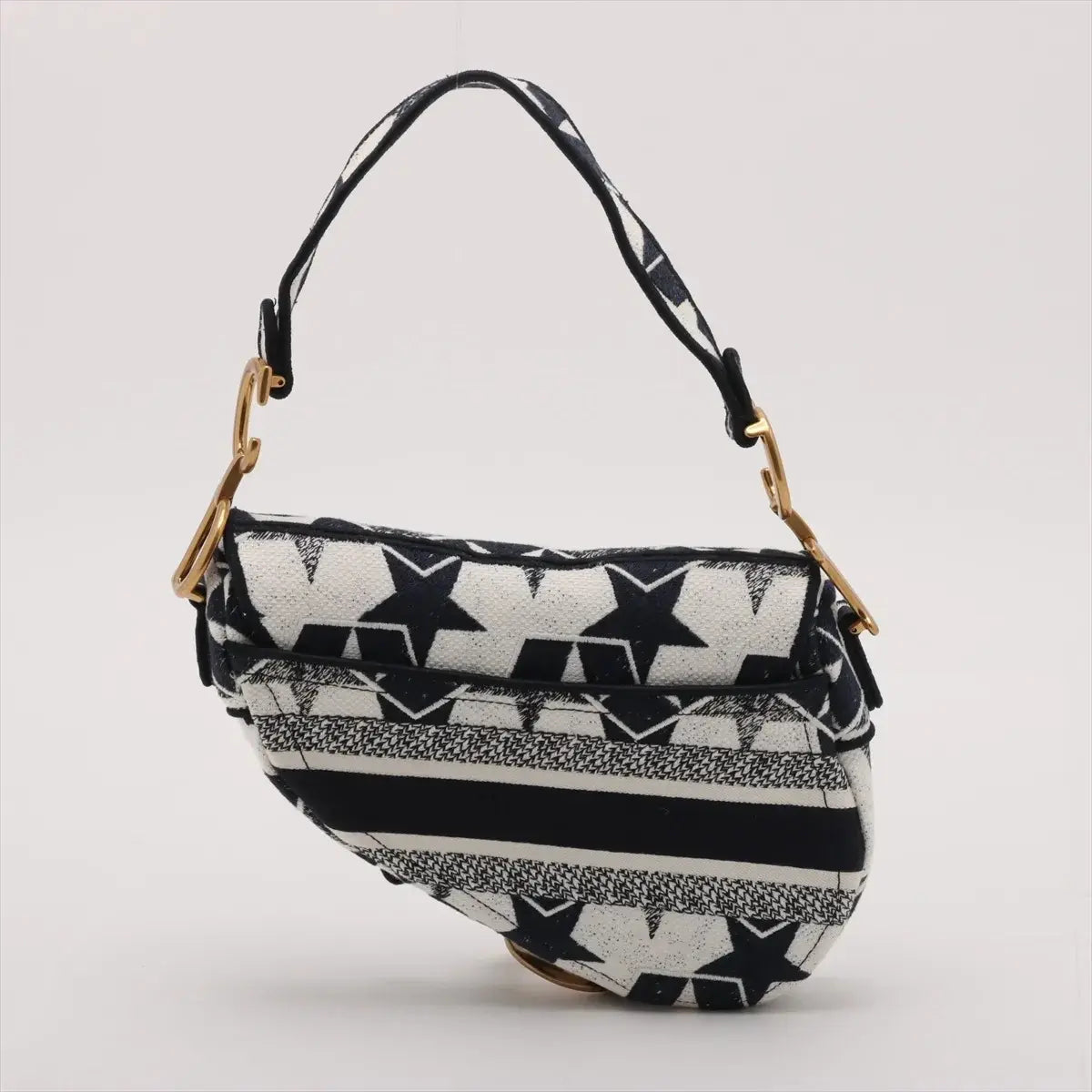 Pre-Loved Saddle Shoulder Bag Star Canvas Medium with Aged Gold Hardware, Navy and White