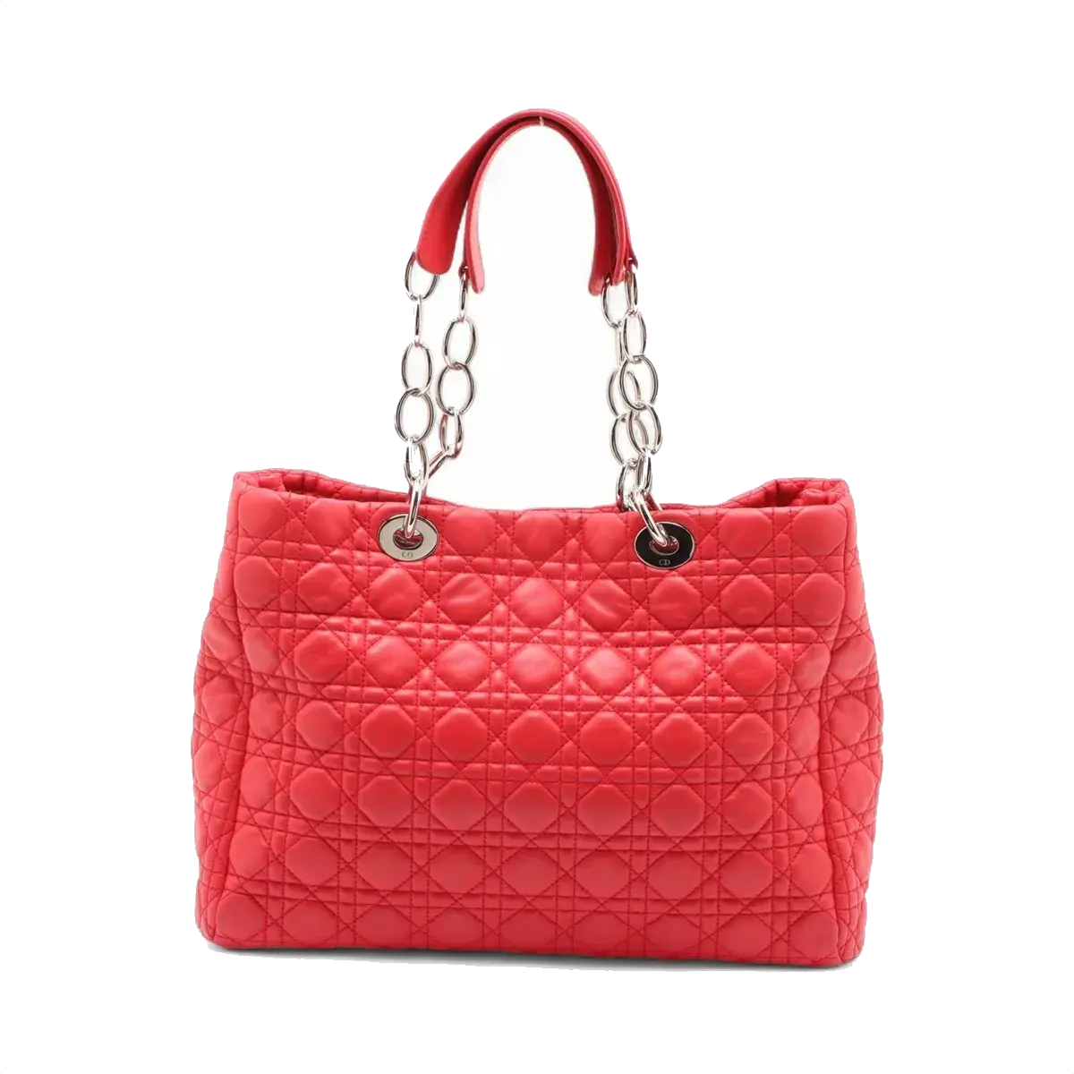 Pre-Loved Lady Dior Soft Shopping Tote Cannage Leather Large with Silver Hardware, Red
