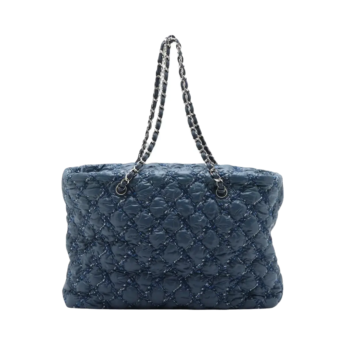 Pre-Loved Tweed on Stitch Bubble Quilt Tote Quilted Nylon with Silver Hardware, Blue