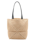 Pre-Loved Puzzle Fold Tote Tote Raffia Medium with Gold Hardware, Natural