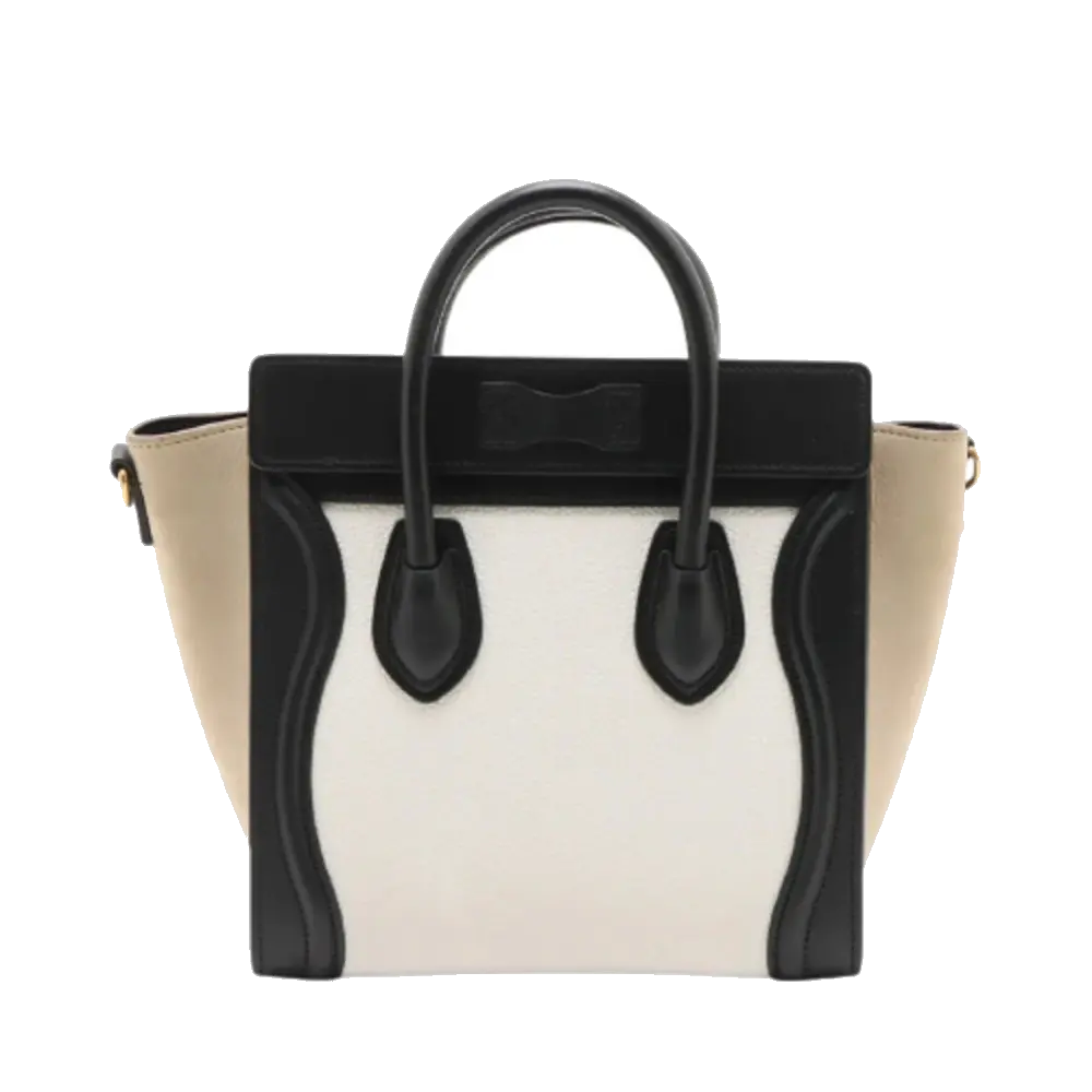 Pre-Loved Luggage Tote Leather Nano with Gold Hardware, White, Black &amp; Beige