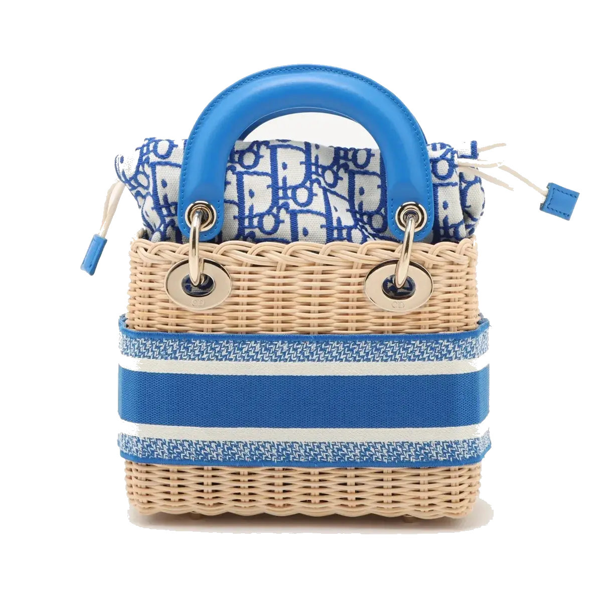 Pre-Loved Lady Dior Handbag Wicker Oblique Medium with Gold Hardware, Natural Beige and Blue