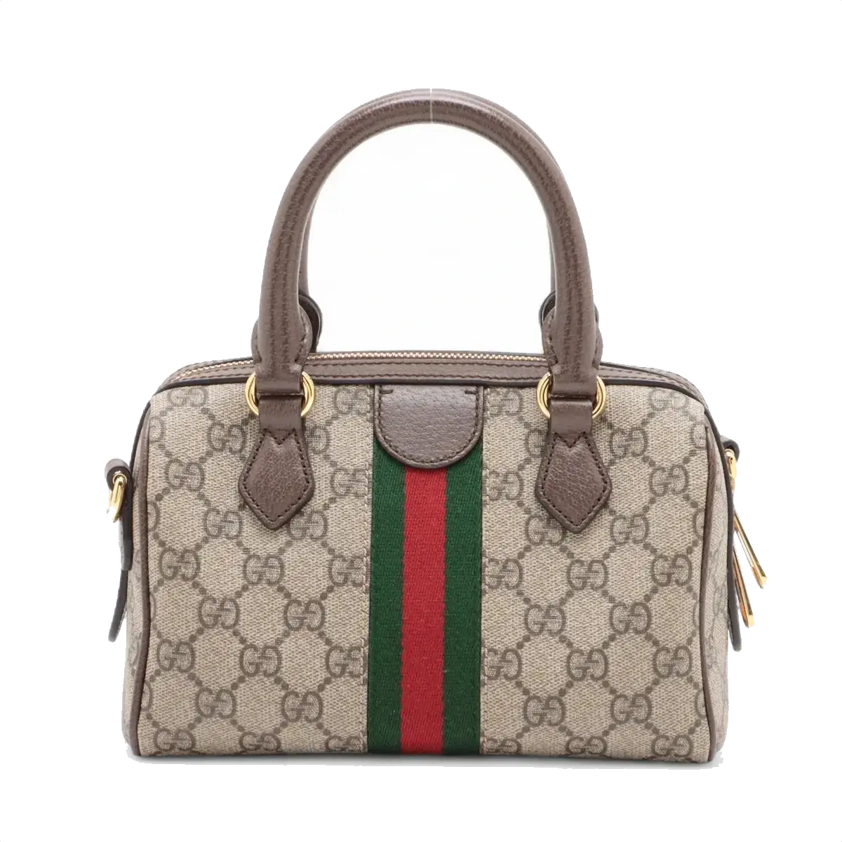 Pre-Loved Ophidia GG Mini Boston Handbag Monogram Coated Canvas Mini with Gold Hardware, Beige Ebony