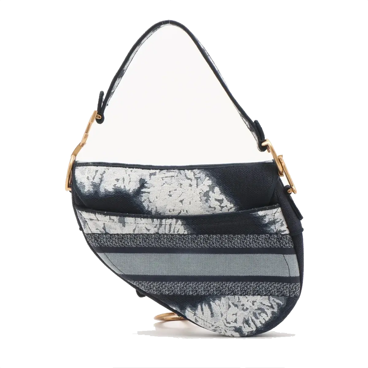 Pre-Loved Saddle Shoulder Bag Toile de Jouy Canvas Mini with Aged Gold Hardware, Navy Blue / White