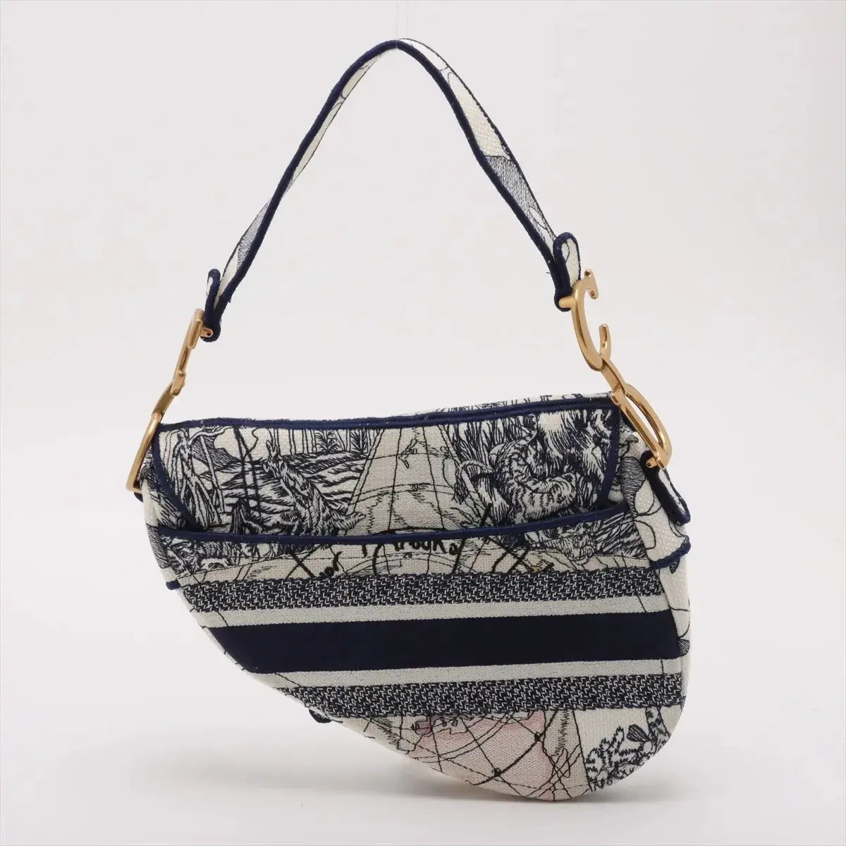Pre-Loved Saddle Shoulder Bag Toile de Jouy Canvas Medium with Aged Gold Hardware, Beige and Blue