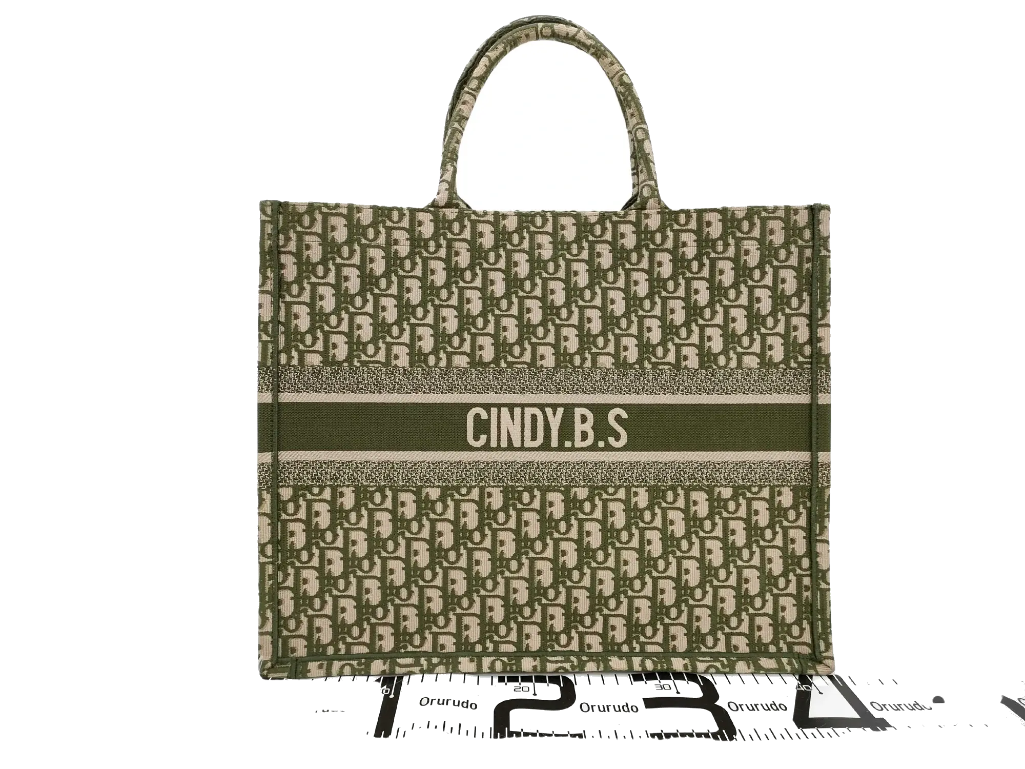Pre-Loved Book Tote Tote Oblique Embroidered Canvas Large, Green and Beige