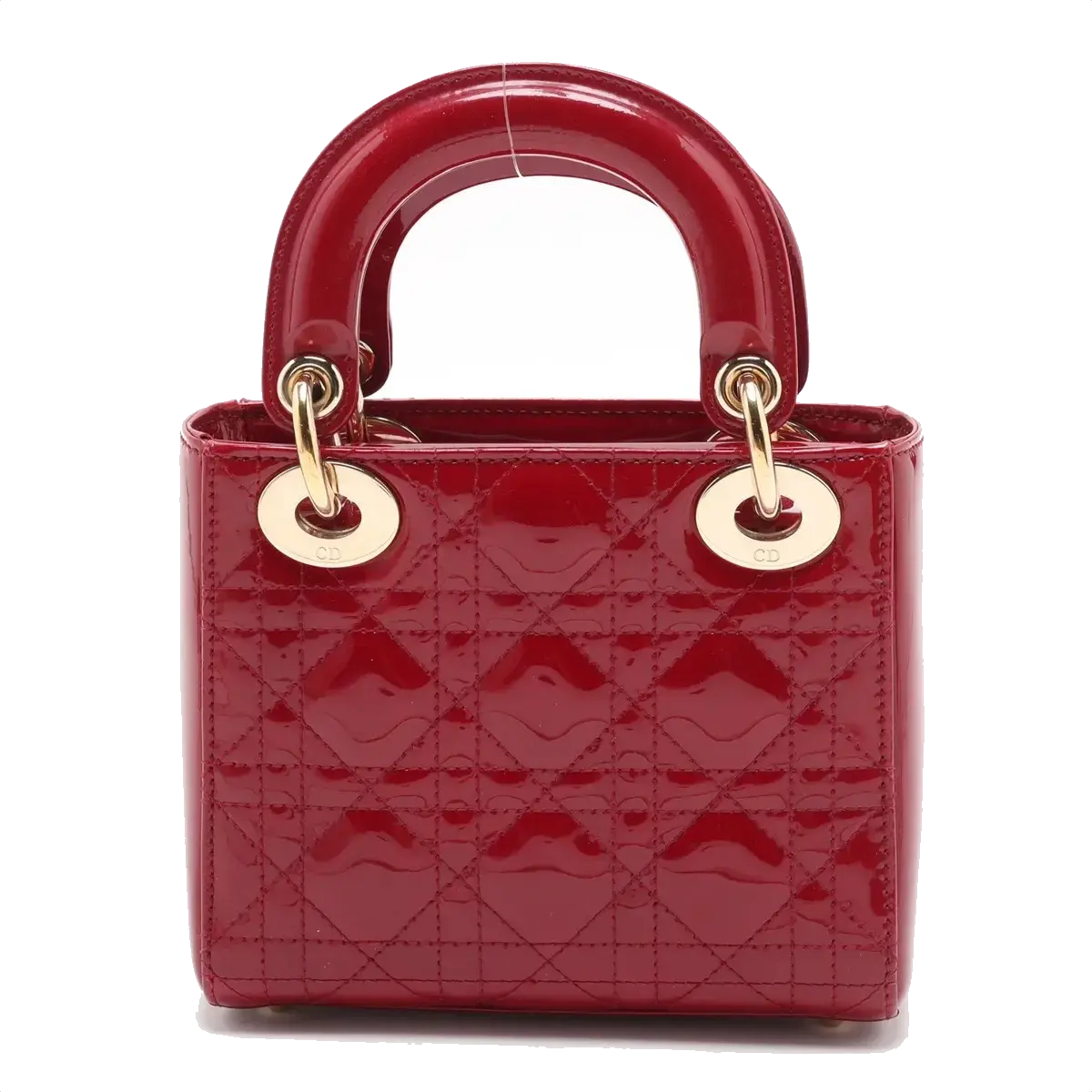 Pre-Loved Lady Dior Handbag Cannage Patent Leather Mini with Gold Hardware, Red