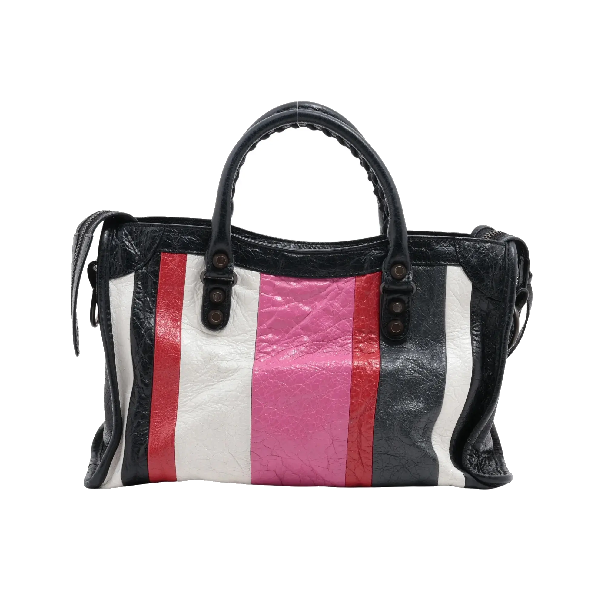 Pre-Loved Classic City Handbag Striped Leather Small with Aged Bronze Hardware, Black, White, Pink, Red