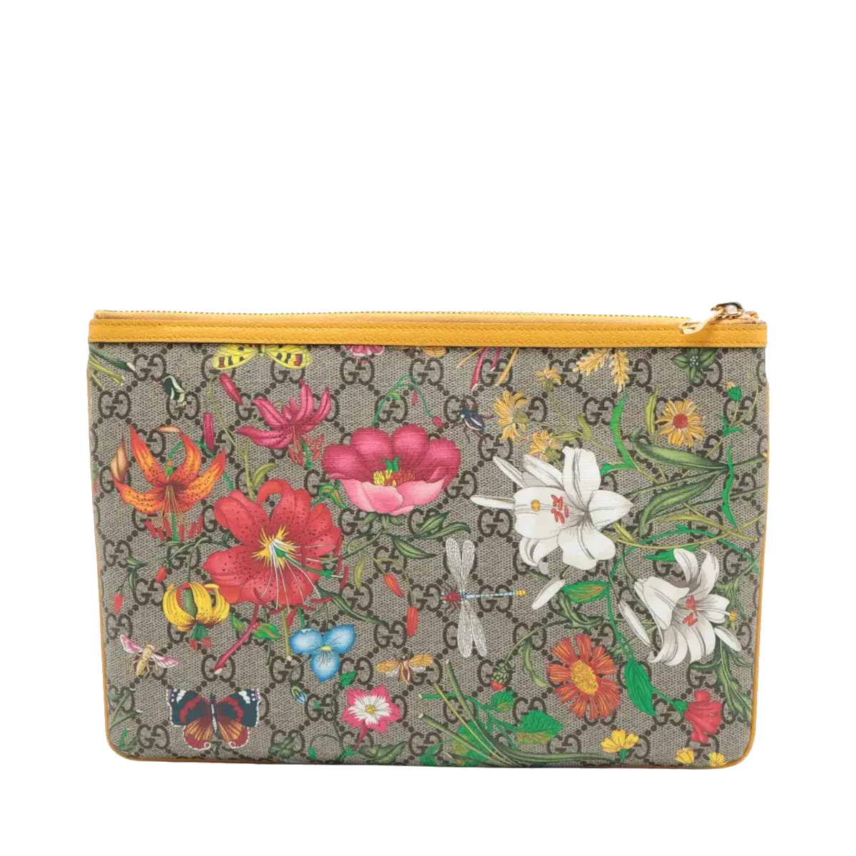 Pre-Loved Ophidia Flora Clutch Monogram Coated Canvas Large with Gold Hardware, Beige Ebony Multicolor