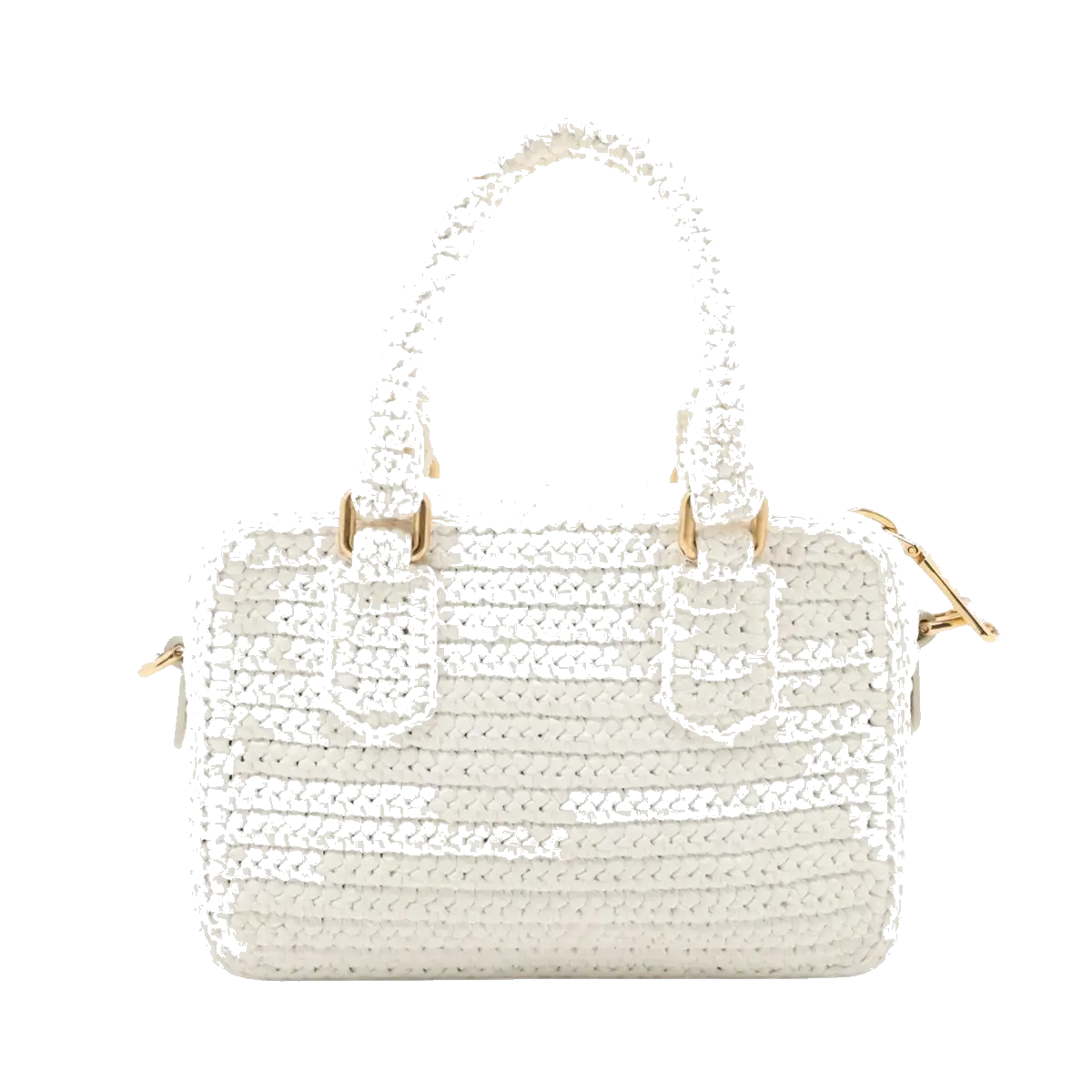 Pre-Loved Crochet Bowling Bag Handbag Crochet Raffia Mini with Gold Hardware, White