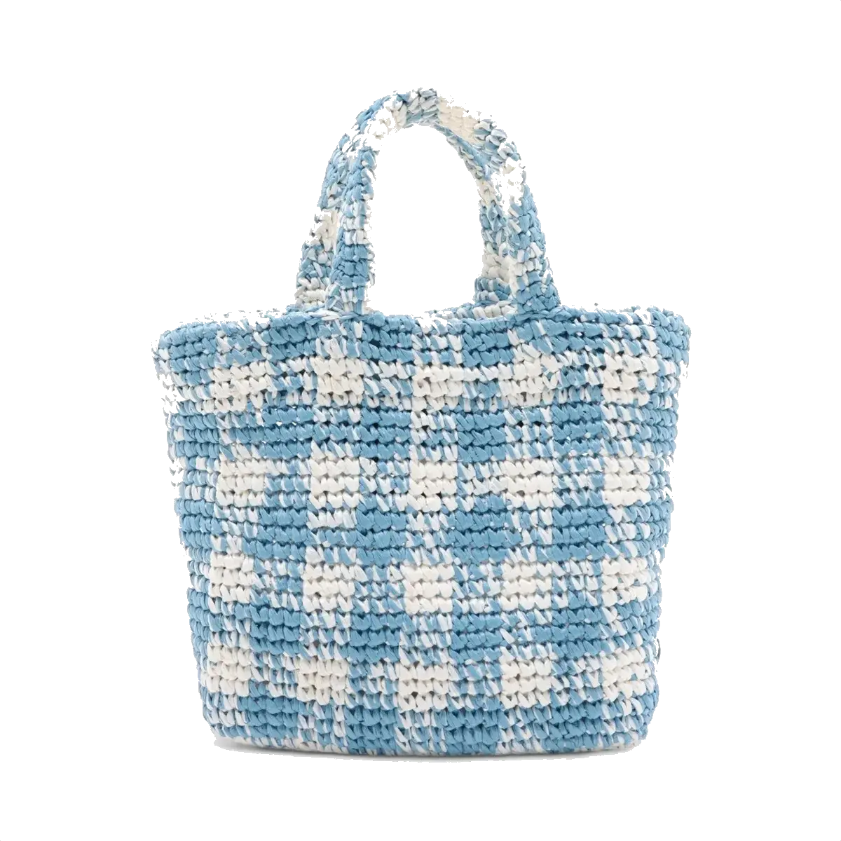Pre-Loved Crochet Raffia Logo Tote Gingham Raffia Small with Gold Hardware, Light Blue and White