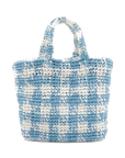 Pre-Loved Crochet Raffia Logo Tote Gingham Raffia Small with Gold Hardware, Light Blue and White