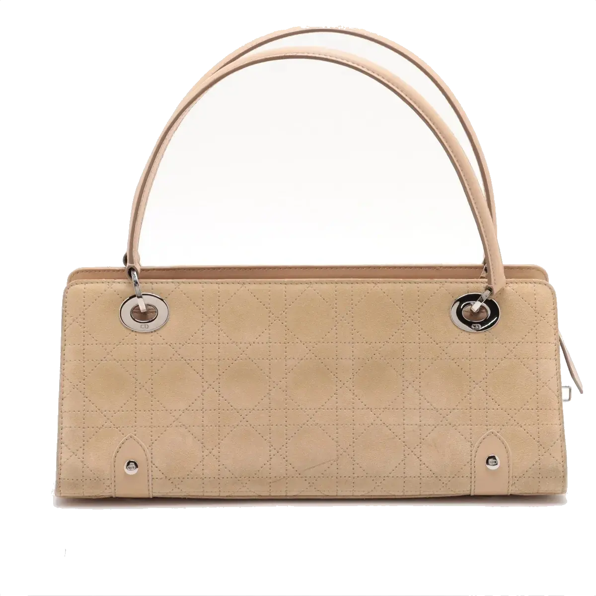 Pre-Loved Lady Dior East West Handbag Cannage Suede with Silver Hardware, Beige