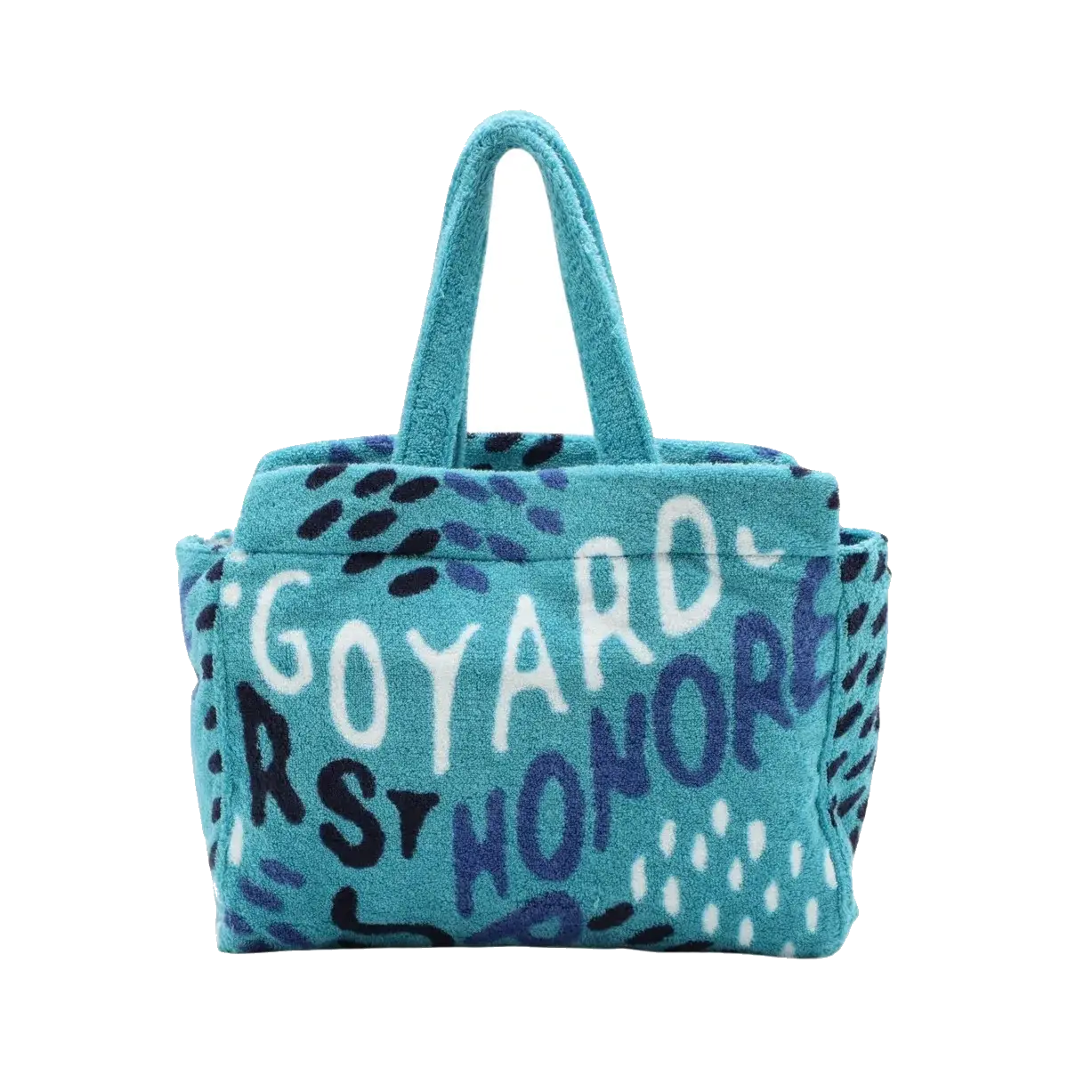 Pre-Loved Beach Tote Terry Cloth Graffiti Logo Print with Silver Hardware, Turquoise