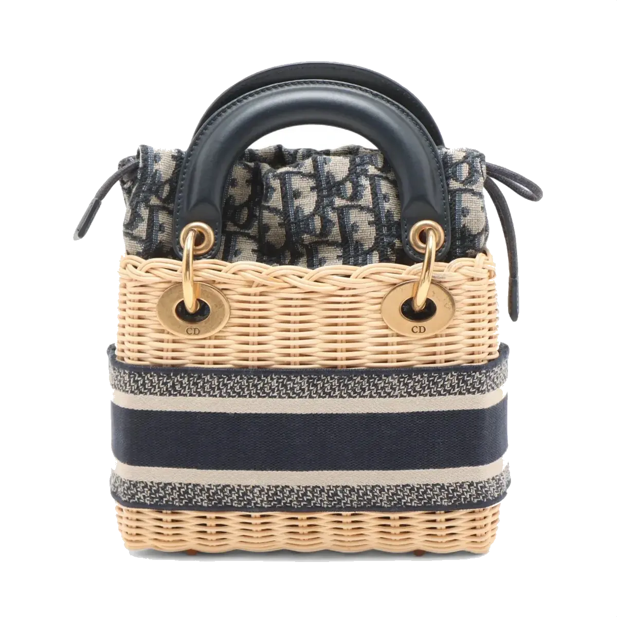 Pre-Loved Lady Dior Wicker Handbag Wicker Oblique Medium with Aged Gold Hardware, Natural / Navy