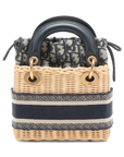 Pre-Loved Lady Dior Wicker Handbag Wicker Oblique Medium with Aged Gold Hardware, Natural / Navy