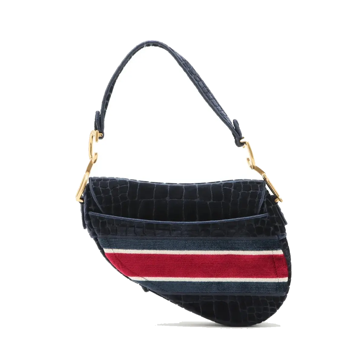 Pre-Loved Saddle Shoulder Bag Crocodile Embossed Velvet Mini with Aged Gold Hardware, Navy