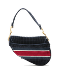 Pre-Loved Saddle Shoulder Bag Crocodile Embossed Velvet Mini with Aged Gold Hardware, Navy