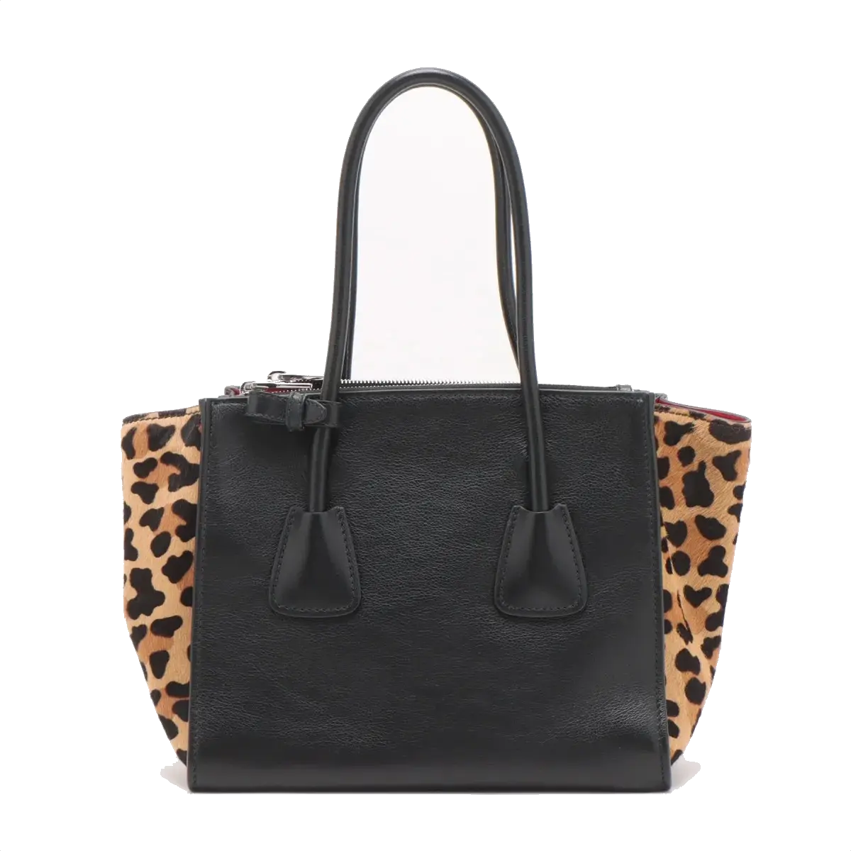Pre-Loved Twin Pocket Tote Tote Leopard Leather Small with Silver Hardware, Black