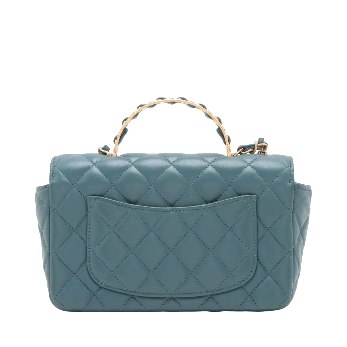Pre-Loved Mini Flap Bag with Top Handle Handbag Quilted Leather Mini with Gold Hardware, Teal Blue