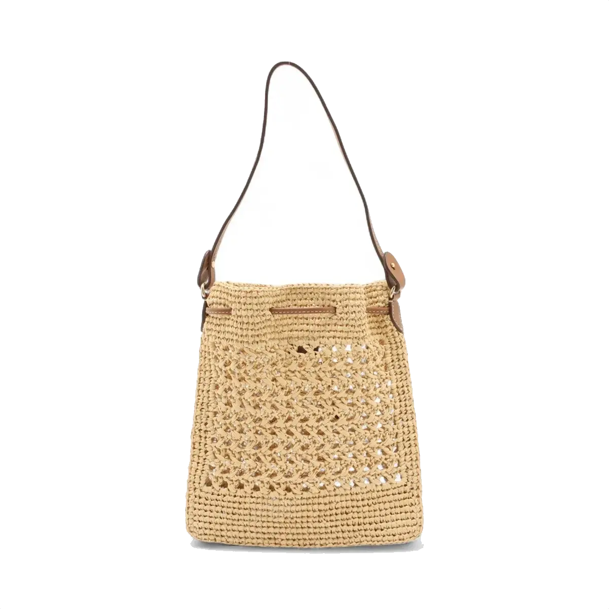 Pre-Loved Drawstring Bucket Bag Crochet Raffia with Gold Hardware, Natural Beige