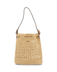 Pre-Loved Drawstring Bucket Bag Crochet Raffia with Gold Hardware, Natural Beige