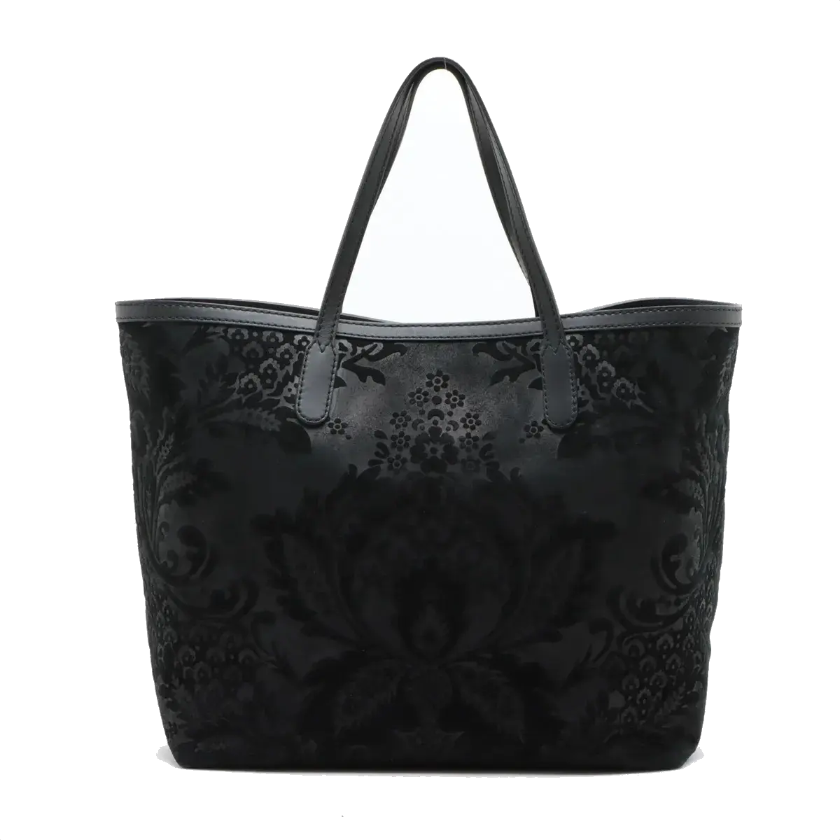 Pre-Loved Stirrup Tote Floral Suede Large with Gold Hardware, Black