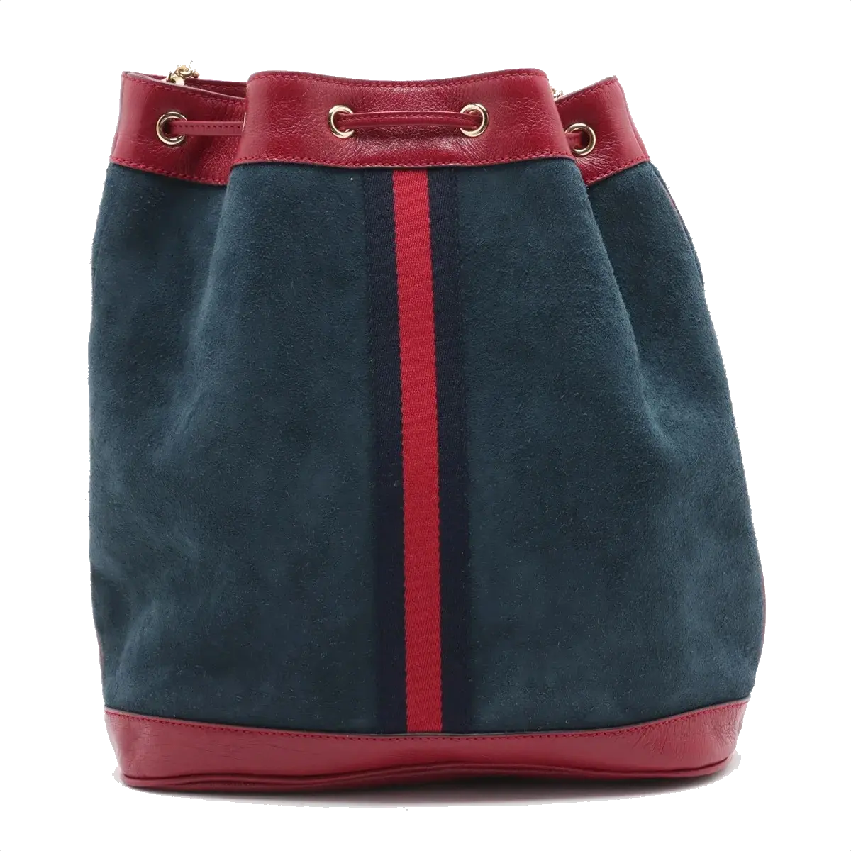 Pre-Loved Rajah Bucket Bag Suede Web Stripe Small with Gold Hardware, Blue