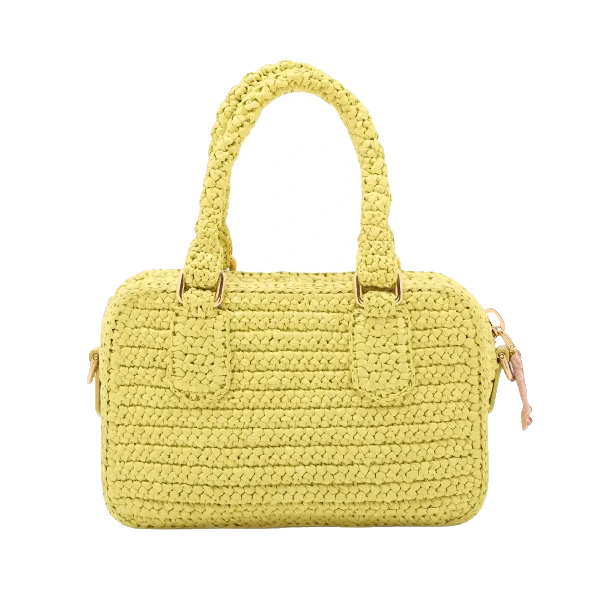 Pre-Loved Crochet Bauletto Handbag Raffia Crochet Mini with Gold Hardware, Yellow