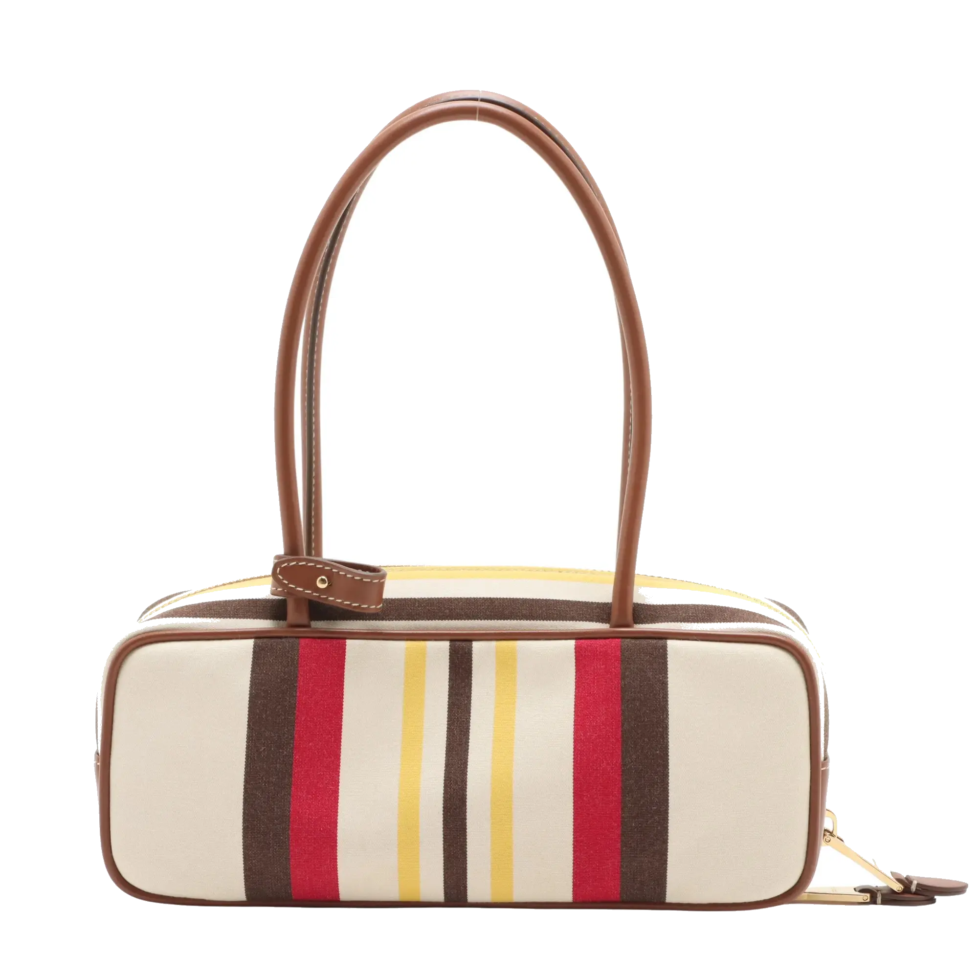 Pre-Loved Bowling Bag Handbag Striped Canvas Small with Gold Hardware, Beige Multicolor