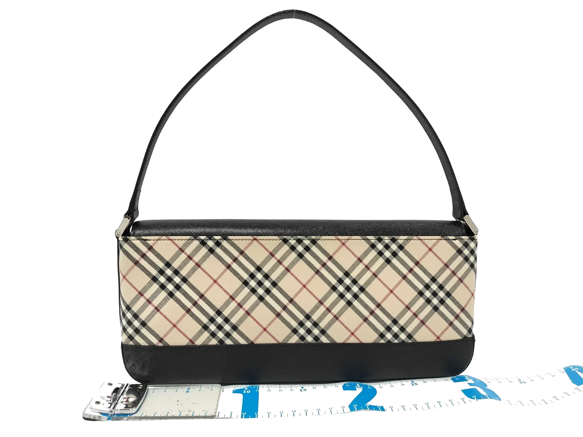 Pre-Loved Shoulder Bag Nova Check Coated Canvas with Silver Hardware, Beige and Black