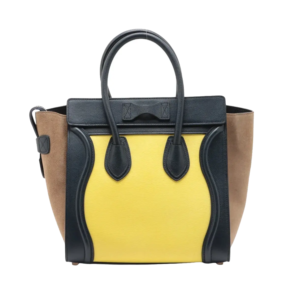 Pre-Loved Luggage Tote Leather Micro with Rose Gold Hardware, Navy, Yellow, and Beige