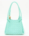 Pre-Loved Andiamo Shoulder Bag Intrecciato Leather Mini with Gold Hardware, Turquoise