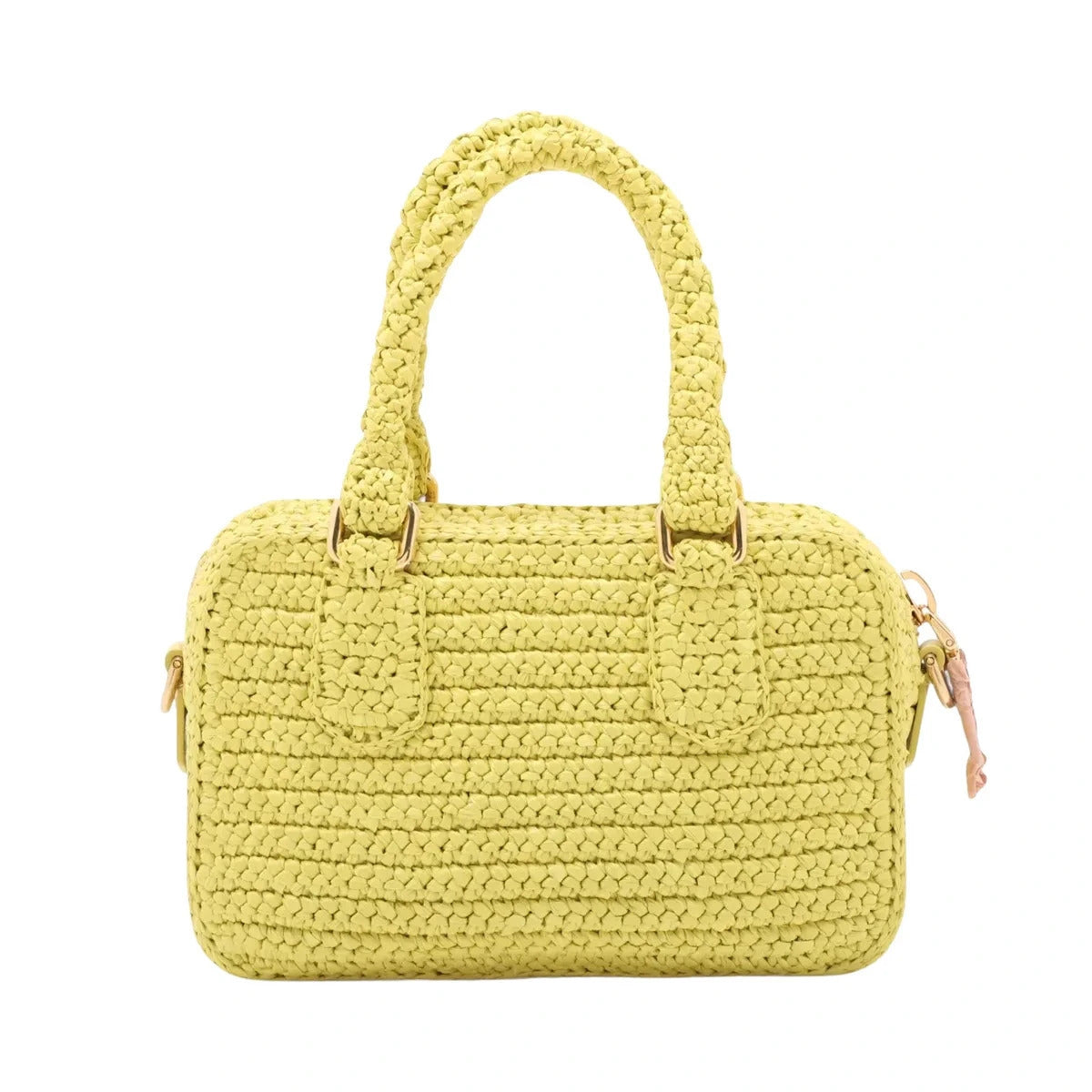 Pre-Loved Crochet Bauletto Handbag Raffia Crochet Mini with Gold Hardware, Yellow