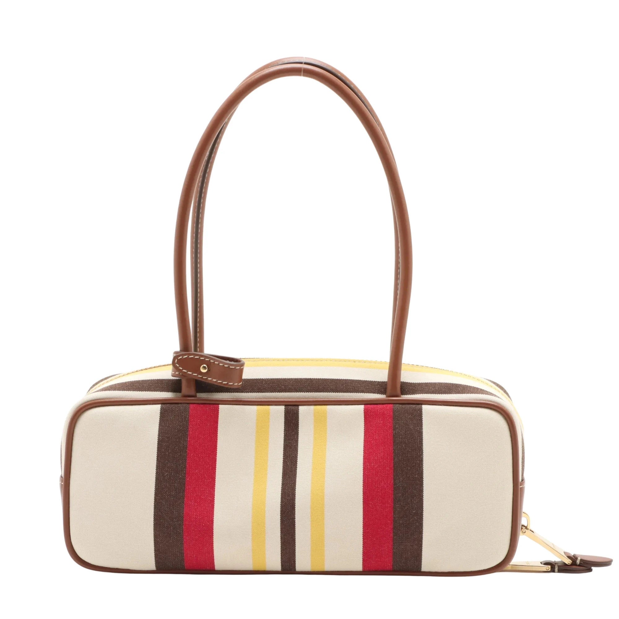 Pre-Loved Bowling Bag Handbag Striped Canvas Small with Gold Hardware, Beige Multicolor
