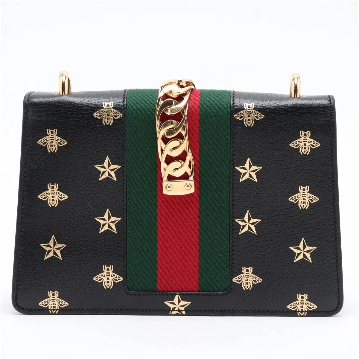 Pre-Loved Sylvie Bee Star Shoulder Bag Bee and Star Print Leather Small with Gold Hardware, Black