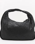 Pre-Loved Veneta Shoulder Bag Intrecciato Leather Medium with Gold Hardware, Black