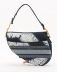 Pre-Loved Saddle Shoulder Bag Toile de Jouy Canvas Mini with Aged Gold Hardware, Navy Blue / White