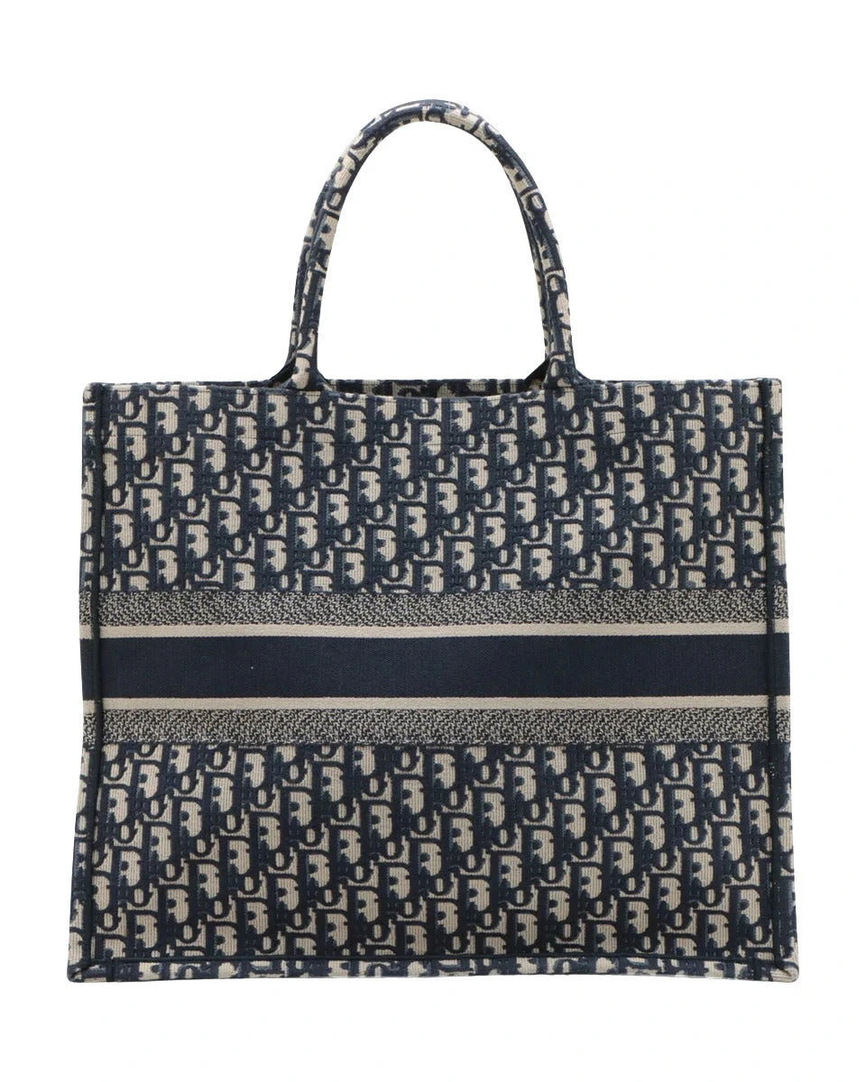 Pre-Loved Book Tote Tote Oblique Embroidered Canvas Large, Navy Blue/Beige