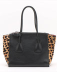 Pre-Loved Twin Pocket Tote Tote Leopard Leather Small with Silver Hardware, Black