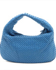 Pre-Loved Veneta Shoulder Bag Intrecciato Leather Medium with Silver Hardware, Blue